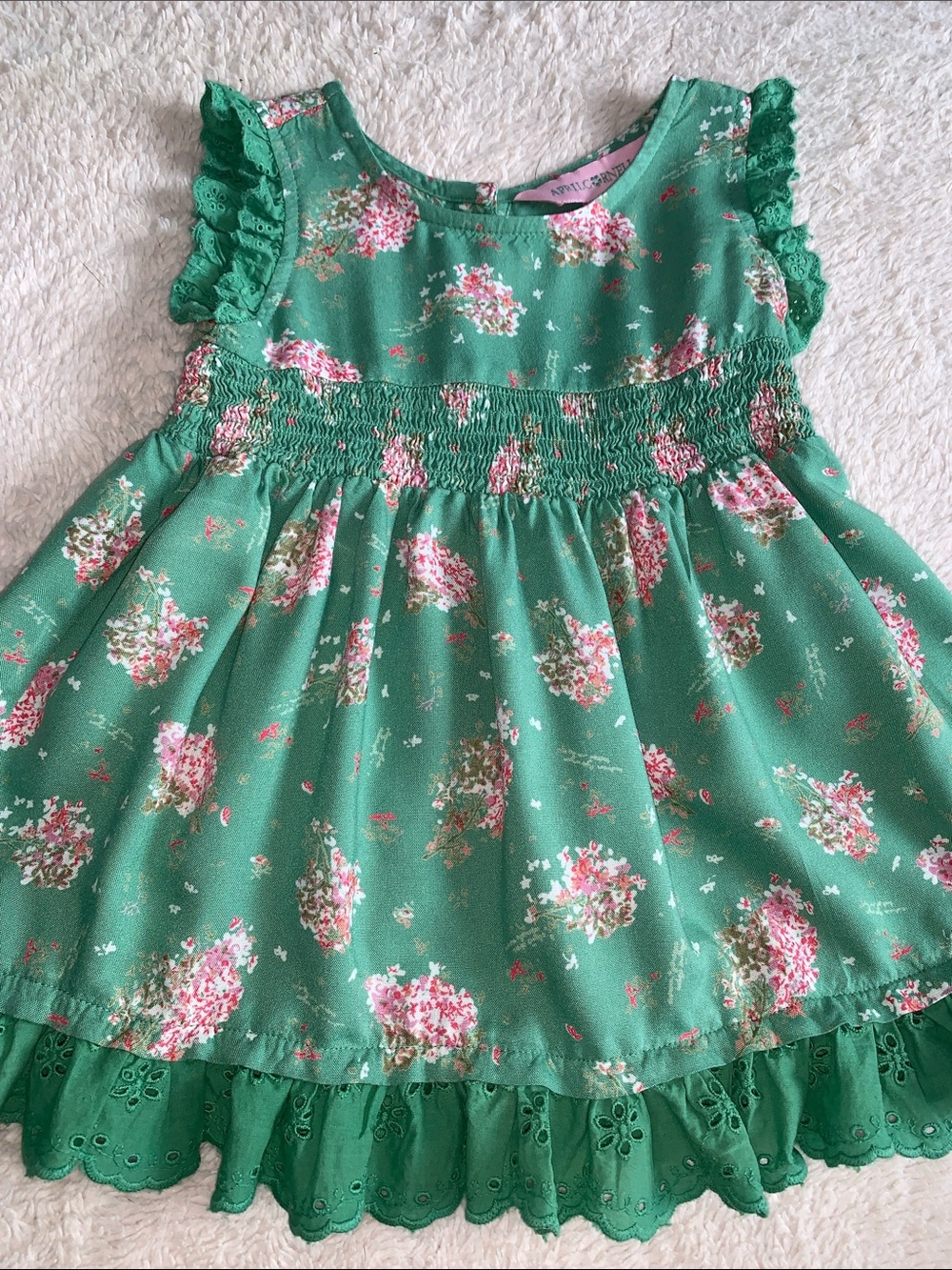 April Cornell Green & Pink Floral Dress 6-12M Baby Girl EUC